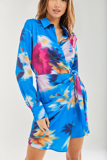 Blue Floral Satin Mini Wrap Dress Liquorish